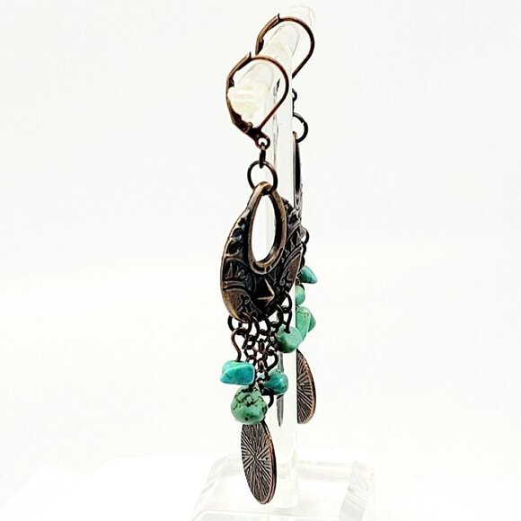 Artisan Handmade Bohemian Chandelier Earrings Antique Copper Turquoise Chips - Picture 2 of 5